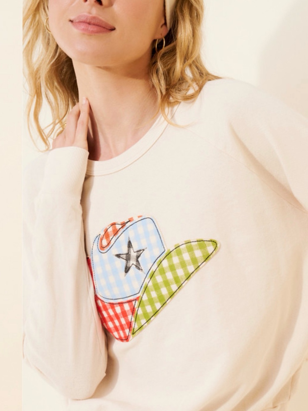 NWOT Daydreamer Cream Cowboy Hat Patchwork Sweatshirt